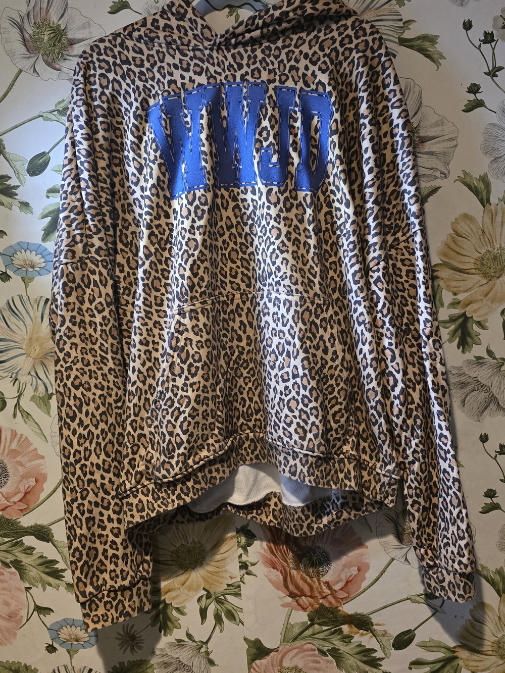 Leopard Print Hoodie with Blue Lettering